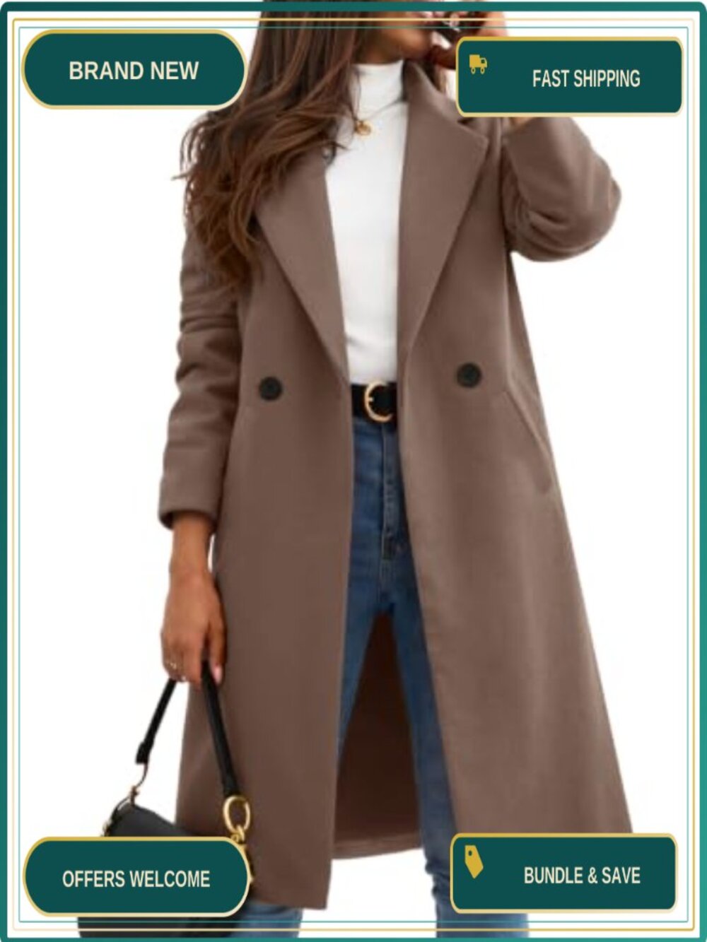 Wool Blend Peacoat Notch Lapel Double Breasted Mid Long Winter Coat